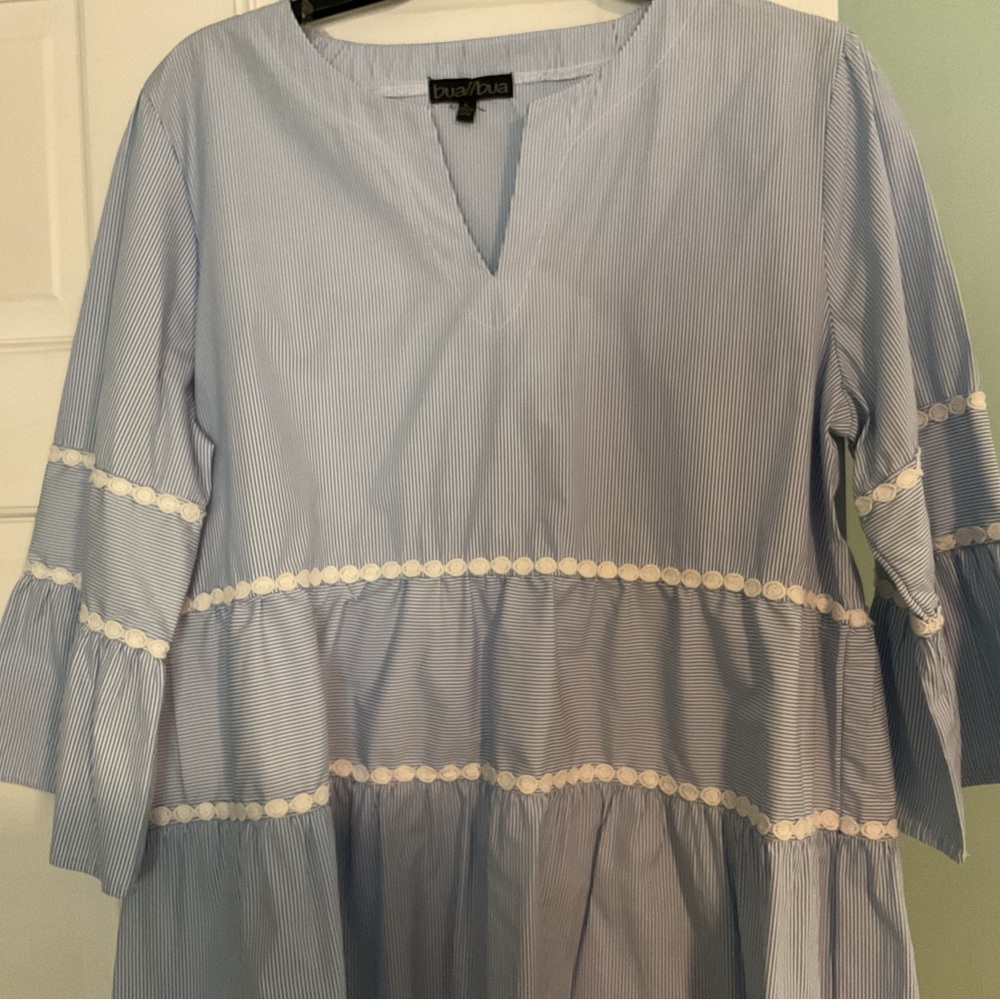 Blue Striped Peasant Tunic with White Trim - dua/dua